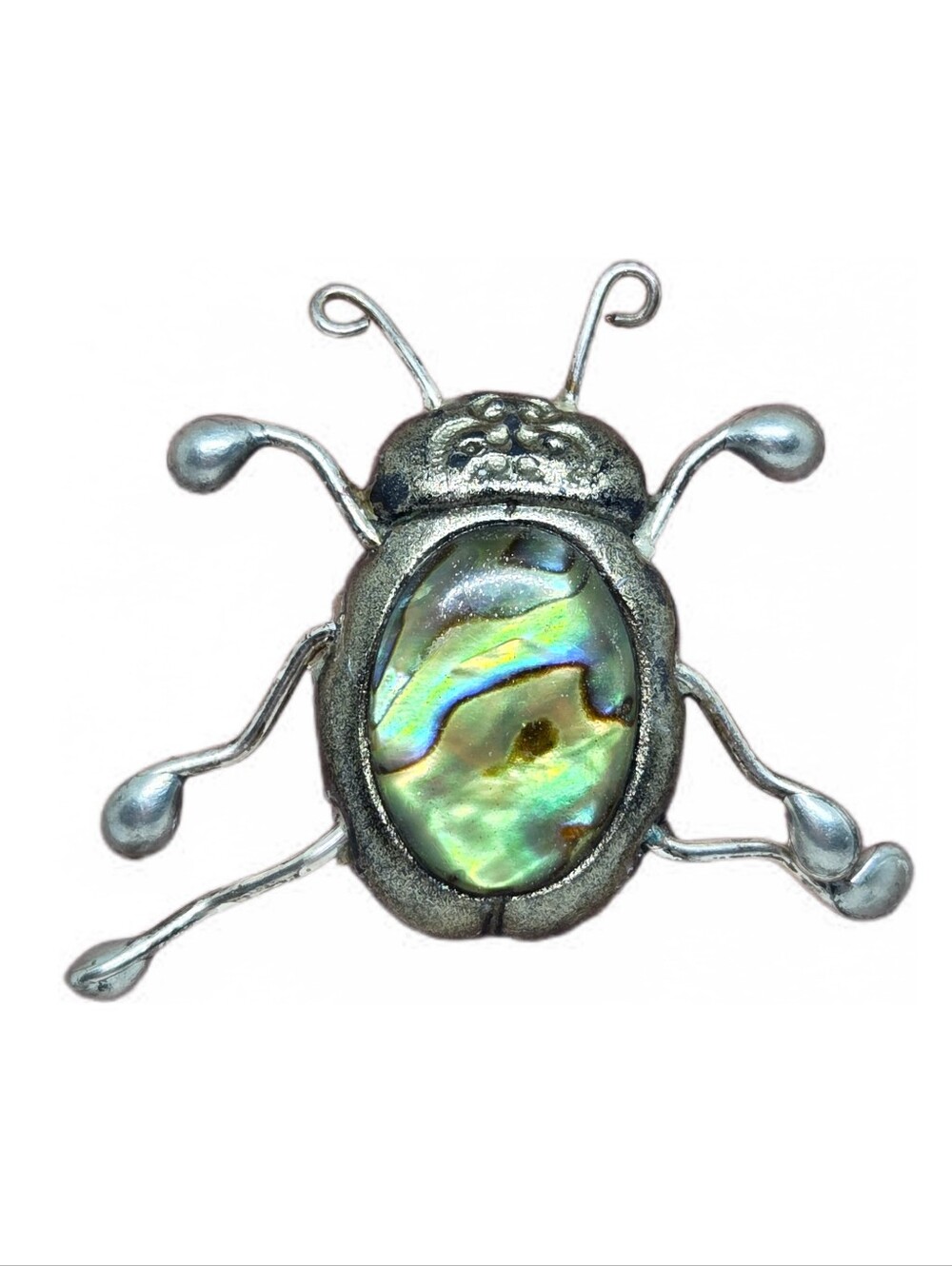 Vintage Abalone Shell Beetle Brooch - Iridescent Green Silver Tone